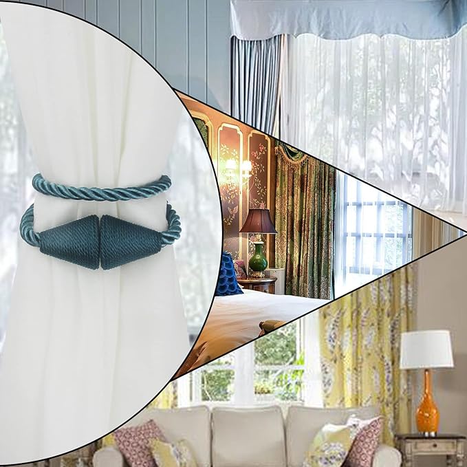 4 Pack Magnetic Curtain Tiebacks Rope Modern Handmade Curtain Tie Backs Decorative Drapes Weave Holdbacks for Window Décor, Blue