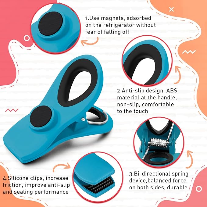 FINDMAG 12 Pack Chip Clips, Big Food Clips Blue Magnetic Clip, Magnetic Bag Clips with Airtight Seal for Chips, Bread, Snacks, Fridge Organize, Kitchen Storage, Note