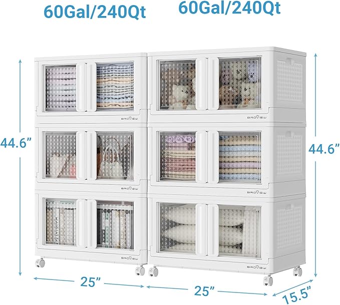 BROVIEW 120Gal Stackable Storage Bins with Lids & Wheels, 480Qt Plastic Collapsible Closet Organizer and Storage Drawers, Storage Boxes Cabinets for Home, Office, 6 Pack, White