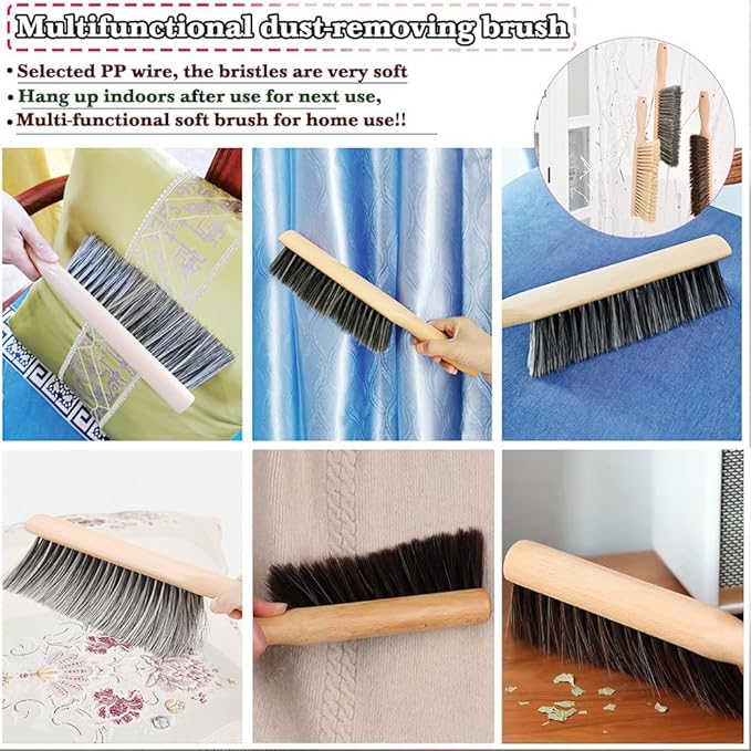 Hand Broom Beech Wood Brush,Dust Brush,Duster for Counter,12inch Foxtail Bench Brush, Round Handle Handheld Brushes,5 Rows Soft Bristles for Bed,Shop Table,Woodworking Cleaning,Car,Sofa,Furniture