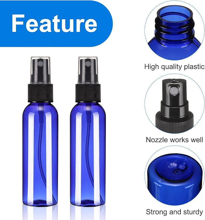 uxcell 20 Pack Spray Bottles, 2 Oz/60ML Reusable Clear Empty Mist Plastic Mini Travel Bottle Set,Small Refillable Liquid Containers for Essential Oil, Cleaning (Blue Black)
