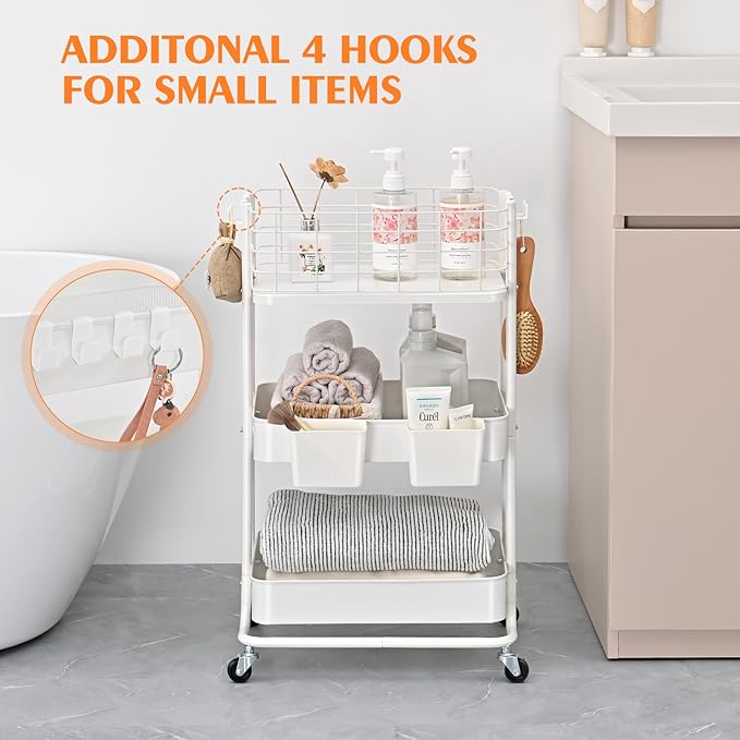KINGRACK 3 Tier Rolling Cart, Metal Mobile Storage Shelf with Lockable Wheels, Prevent Falling Utility Trolley Cart, Storage Organizer for Kitchen, Office, Bathroom, Dorm, White