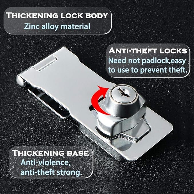 Alise Keyed Hasp Lock,3 Inch Safety Packlock Clasp Hasp Lock Latch with Lock,Door Hinge Lock with Keys Keyed Locking Hasp for Cabinets Closets Doors,Chrome