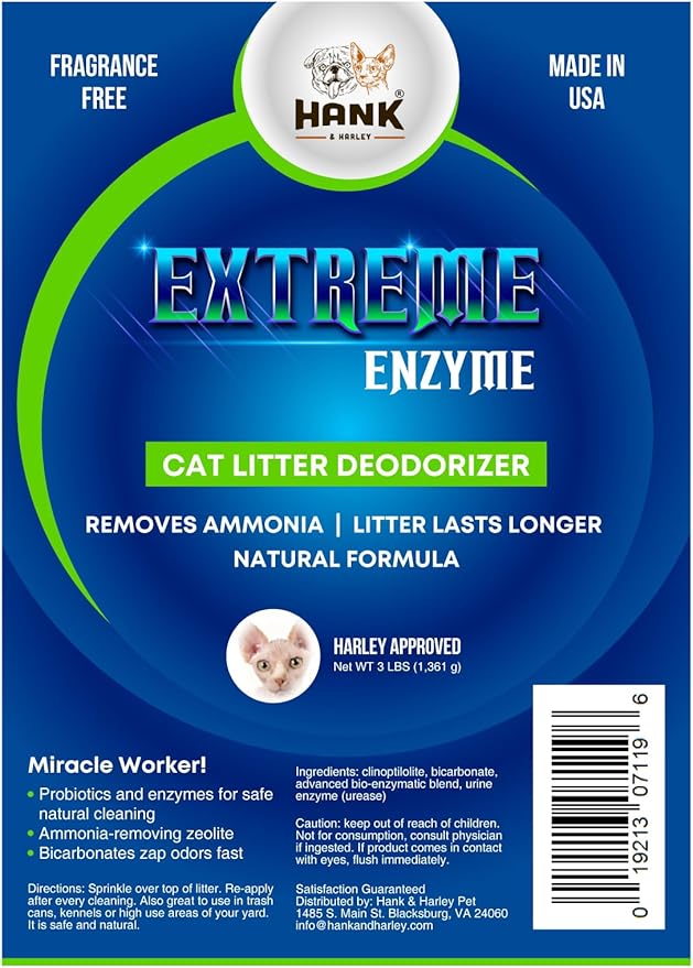 Extreme Enzyme CAT Litter Odor Eliminator, 3 lbs. Triple-Action Deodorizing Powder with Natural enzymes, Ammonia Remover and Activated Baking soda. Made in USA with no Harsh Chemicals or perfumes!
