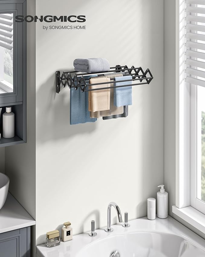 SONGMICS Clothes Drying Rack, Wall-Mounted Drying Rack Clothing, Small Accordion Laundry Rack, 9 Staggered Hanging Rods, Expandable and Retractable, Ink Black ULLR802B01