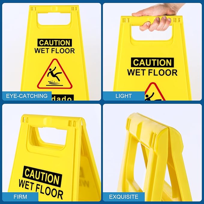 1-Pack Caution Wet Floor Sign,17.5" Height,Bright Yellow Double-Sided Folding A-Shaped Frame Design, Bilingual Caution Message