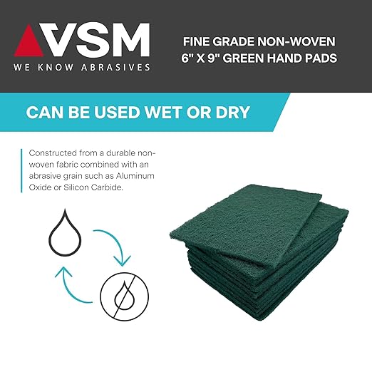 VSM 10-Pack: 6" x 9", Green - Fine, Non-Woven Hand Pad, Aluminum Oxide Grains, Rust and Oxidation Resistant, Multipurpose Abrasive Scrub Pad for Finishing and Cleaning
