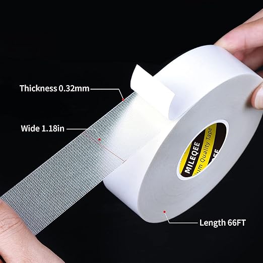 Double Sided Tape High Tack, 1.18in x 66FT(20m), Universal Mounting Tape Clear, Heavy Duty Strong Wall Adhesive with Fiberglass Mesh, Easy Use Super Sticky Resistant Tape, White