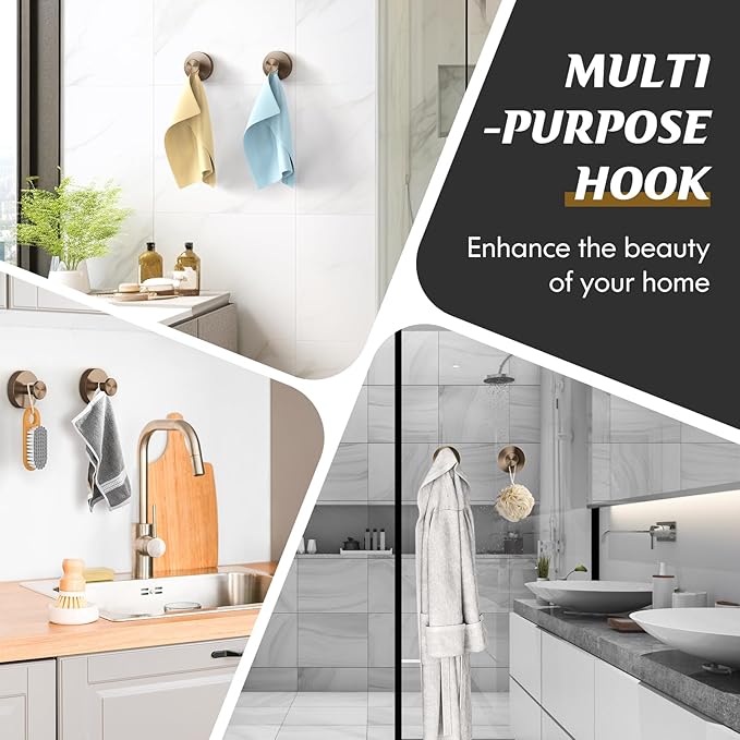 Suction Cup Hooks for Shower,2Pcs Shower Towel Suction Hooks,No Drill Towel Hooks for Bathroom Wall,Kitchen,Glass,Mirror,Tile to Hang Towels,Robes,Loofah-Champagne Bronze