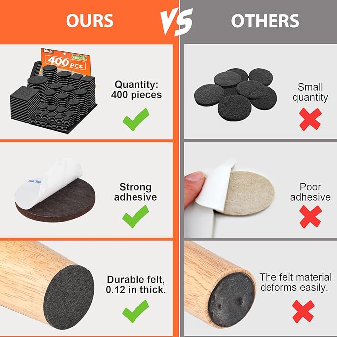 Felt Furniture Pads 400 Pieces, Furniture Pads for Hardwood Floors, Floor Protectors for Furniture Legs, Felt Pads for Furniture, Many Large Sizes Black