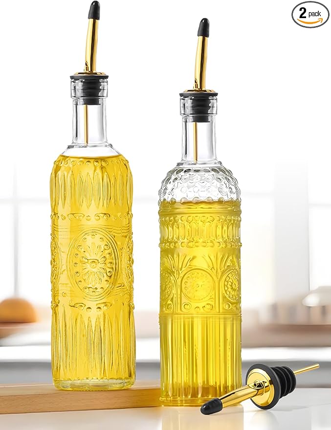 2 Pcs Olive Oil Dispenser Bottle for Kitchen,17oz Clear Glass Cooking Oil and Vinegar Dispenser Set, Coffee Syrup Dispenser with 2 Pourers and 1 Funnel (Two circles)