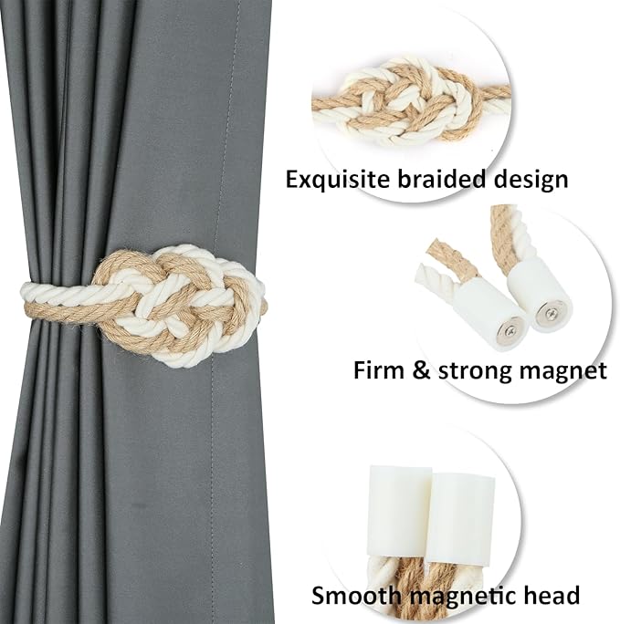 4 Pack Natural Jute Magnetic Curtain Tiebacks, Boho Rustic Style Decorative Curtain Ties Backs for Home & Office Drapery