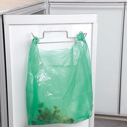 Stainless Steel Trash Bag Holder for Kitchen Cabinets Doors and Cupboards, Under Sink Bag Hanger, Portable Trash can, Waste Bins, Wall Adhesive Hanging Garbage Bins, with Wall Sticker Base