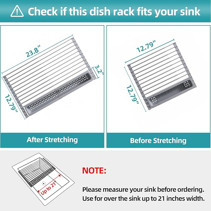 JASIWAY Roll Up Dish Drying Rack, Expandable (12.8"-23.8" D x 12.8" W) Stainless Steel Portable Drainer for Kitchen Sink Counter, Foldable Over The Sink Cover with Removable Utensil Holder