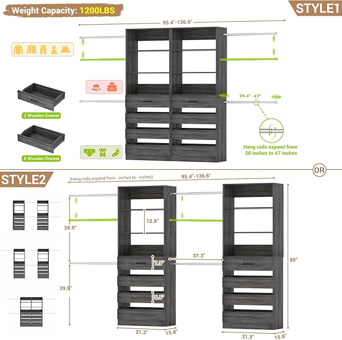 Aheaplus Closet System, 6-15Ft Closet Organizer with 8 Wooden Drawers, Wood Closet Organizer System with Tower, Walk-in Closet Organizer Wardrobe Garment Clothes Rack with 4 Hanging Rods, Black Oak