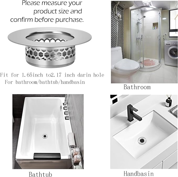 Hair Catcher Shower Drain Bathtub Lavatory Sink Drain Strainer for Laundry, Mop Pool, Utility, Slop, RV Sink, Stainless Steel Drain Filter。Fit Hole Size from 1.65-2.17" ，2Pack (1.5”)