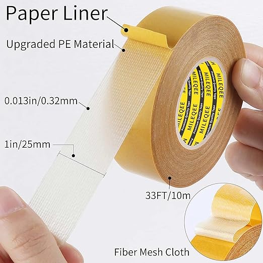 Double Sided Tape Heavy Duty,1in x 33FT(10m), Universal High Tack, Strong Wall Adhesive with Fiberglass Mesh, Super Sticky Resistente Clear Tape, Easy Use Transparent Tape School Supplies