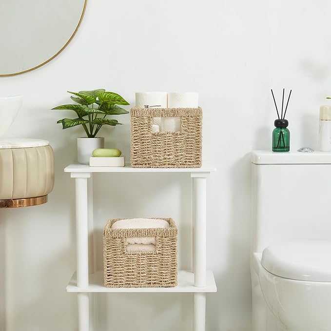Seagrass Wicker Basket, Decorative Woven Baskets with Built-in Handles, Hand-woven Storage Organizer for Organizing Pantry, Shelves, Laundry, Livingroom, Bedroom, Toilet(2-PACK, Natural)