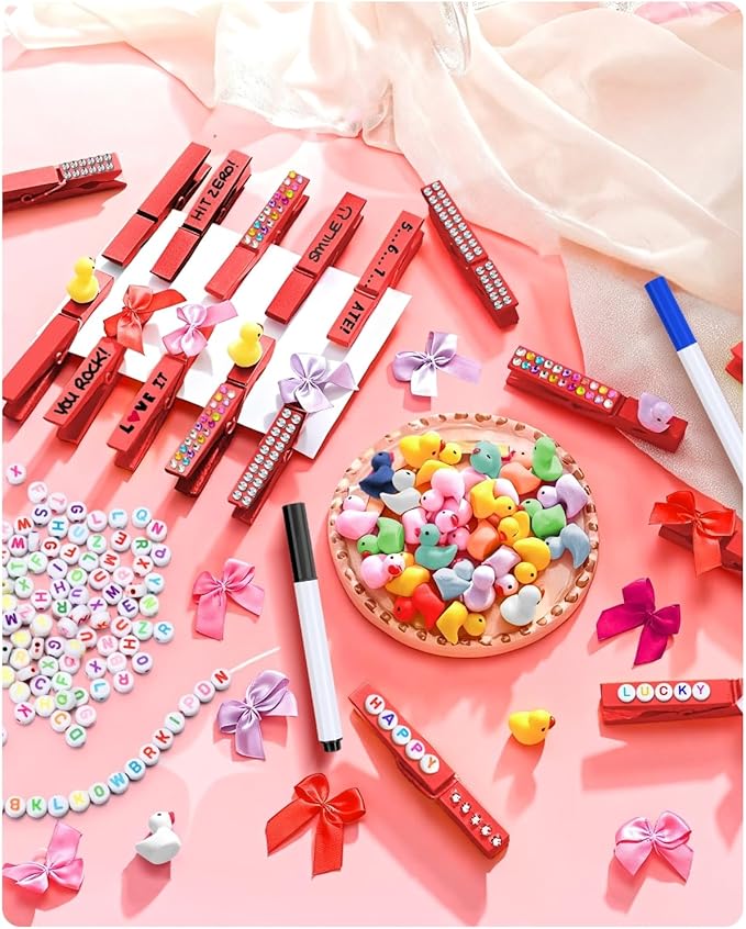 Cheer Pins for Backpack Cheer Stuff Kit 70 Red Colored Clothes Pins with Mini Resin Ducks Bows Letter Beads Team Cheerleaders Gifts Bulk Pin Me Ribbon for Bag Decorations Competition Spirit Clips