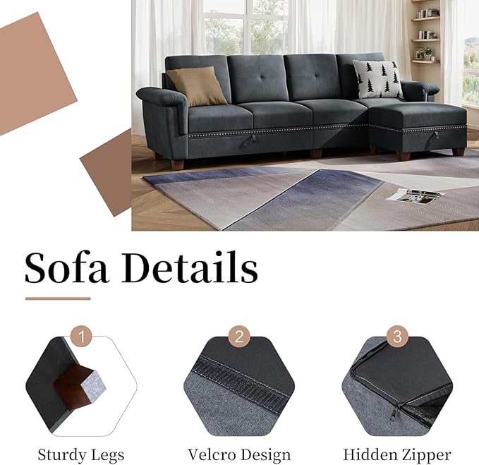 JAMFLY 108" Modular Sectional Sofa with Storage, L Shaped Sofa Couch with Reversible Ottoman, 4-Seat Convertible Sectional Couches with Cup Holders for Living Room, Apartment, Dark Grey