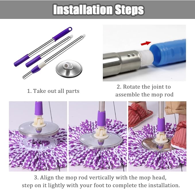Extended Spin Mop Replacement Mop Handle, Upgraded 60-inch 360 Degrees Rotating Telescopic Replacement Mop Stick for Spin Mop Bucket Cleaning System Floor Cleaning (Plastic Disc, Blue)