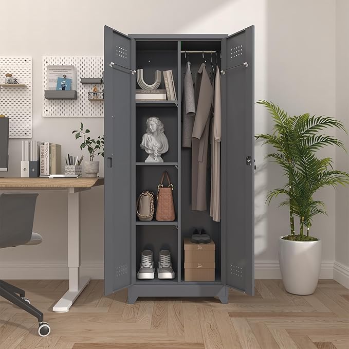 Broom Closet Storage Cabinet, Steel Locking Cabinet with Hanging Rod, 65" Cleaning Storage with Doors and Hooks, Tall Broom Tool Cabinets for Office, Garage