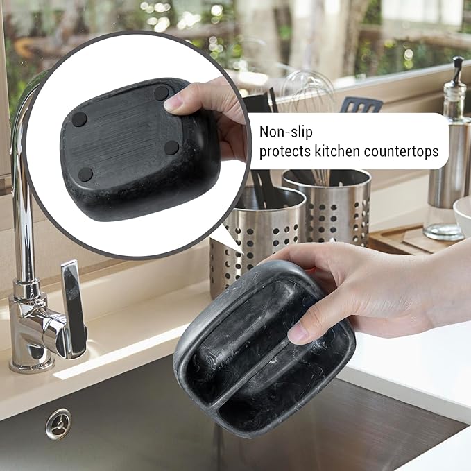 MyGift Modern Black Resin Double Sponge Holder with Realistic Marble Pattern for Kitchen Sink Countertop, Dish Cleaning Sponges or Scrubbing Pads Bowl with 2 Compartments