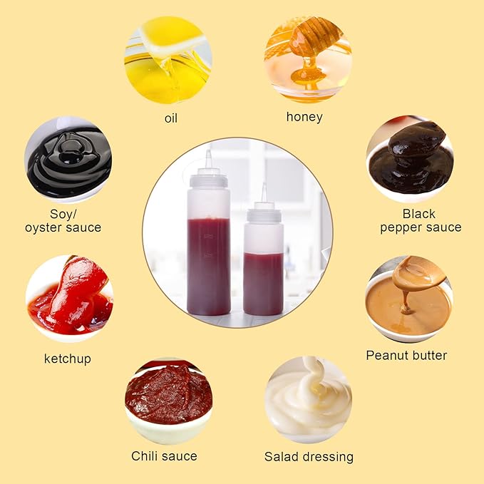 Squeeze Bottles for Sauces 2 Pack, 16 Ounce Plastic Dressing Squirt Bottles with Cap Lids, Condiment Bottle for Liquids BBQ Dressing Pancake Art Dispenser