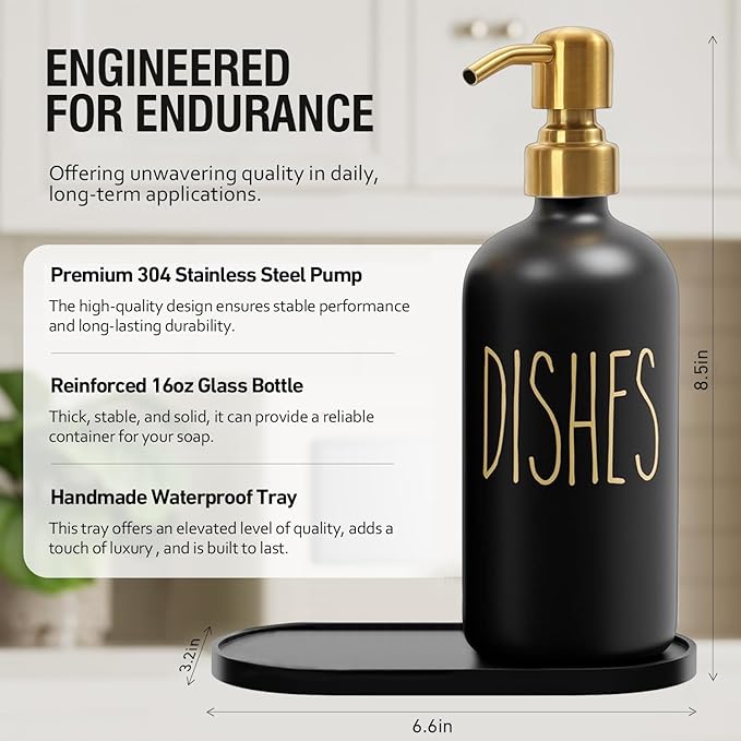 MOMEEMO Kitchen Soap Dispenser Set, Contains Hand and Dish Soap Dispenser, Suitable for Black and Gold Kitchen Decor. (Black & Gold)