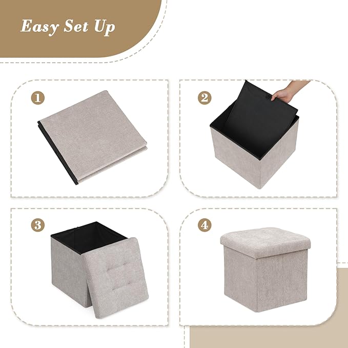 Athena Collection 15" Storage Ottoman Bench Folding Bench with 40L Hidden Storage, Small Cube Ottoman Linen Foot Rest Stool Chest with Flipping Lid for Living Room, Bedroom, Entryway, Sandy Beige