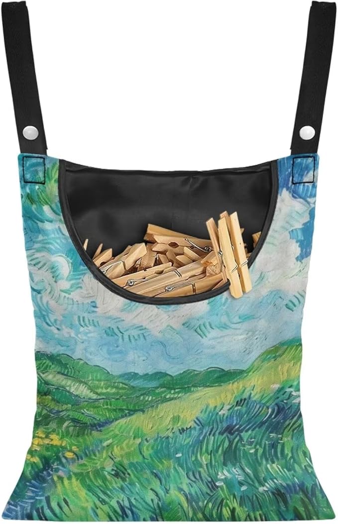 Van Gogh Wheatfield Laundry Clothespin Bags Hanging Storage Organizer 12 x 14.5 Inch Clothes Pin Bag Waterproof Clothespin Bag Clothespin Holder Large Opening and Hanging Rope
