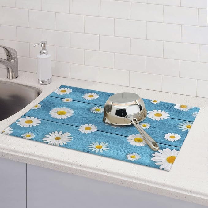 Daisies On Vintage Blue Wood Dish Drying Mats For Kitchen Counter Microfiber Absorbent dish Mat Xl Reversible Drying Mats For Countertop 18 Inch X 24 Inch