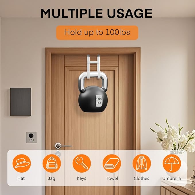 FYY Over The Door Hooks - 4 Pack Heavy Duty Dual-Hook Organizer Hanger with Non-Slip Rubber for Towels, Clothes, Hats & Bags Use in Bathroom, Bedroom, Kitchen - Fits Interior Doors Up to 1 3/8" White