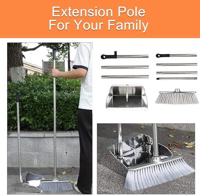 Broom and Dustpan Set,Soft Bristles Indoor Kitchen Broom with Stainless Steel Dustpan ，Metal Dust Pan，Silvery White, Suitable for Ceramic Tiles, Solid Wood, Composite Flooring