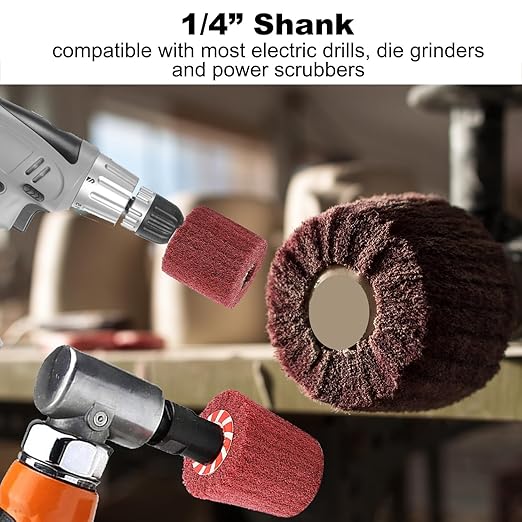 HighFree 7 PCS Non Woven Abrasive Buffing Polishing Wheels Drill Attachment Set - Scouring Pads Wheel with 1/4" Shank for Stainless Steel Copper Aluminum Wood-Wares (320 Grit Red)