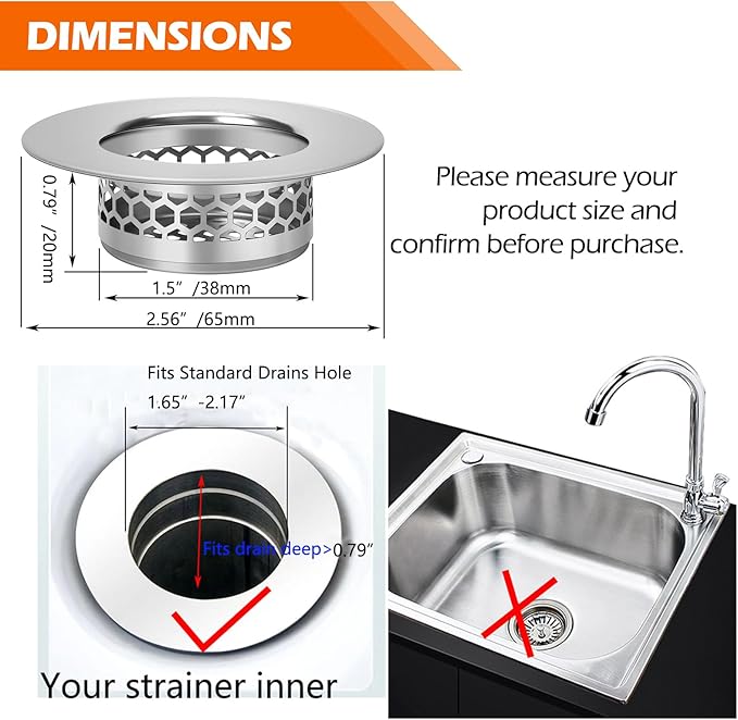 Hair Catcher Shower Drain Bathtub Lavatory Sink Drain Strainer for Laundry, Mop Pool, Utility, Slop, RV Sink, Stainless Steel Drain Filter。Fit Hole Size from 1.65-2.17" ，2Pack (1.5”)