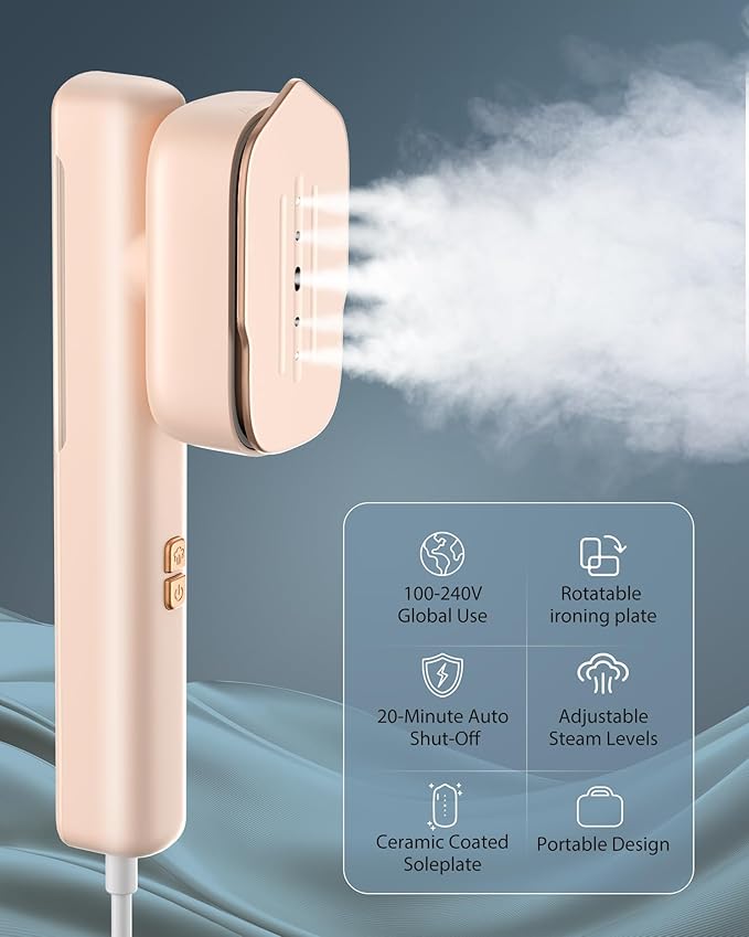 Smart Steam irons Handheld Steamer for Clothes – Global Voltage Adaptation, Palm-Sized & Lightweight (0.8lb), Dual Steam Modes, Easy Wrinkle Remover, Auto Shut-Off, for Travel & Home