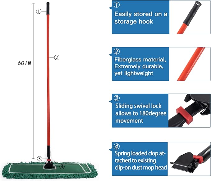 Matthew Cleaning Jaw Clamp Mop Handle, Snap-On Fiberglass Dust Mop Handle for Floor Cleaning, Gripper Holder with Clip-On Connector for Janitorial Supplies, Commercial Use,Restaurants, 60 Inches Red