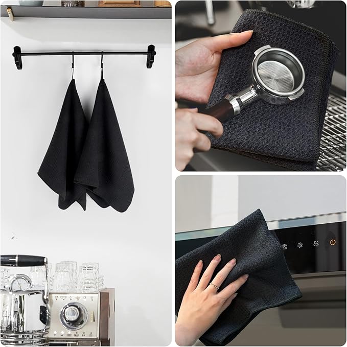 KinHwa Kitchen Washcloths for Dishes Absorbent Microfiber Dish Cloths Quick Dry Dish Rags with Poly Scour Scrub Side Ideal for Kitchen Cleaning (Black-T, 15inchx27inch 6 Pack)