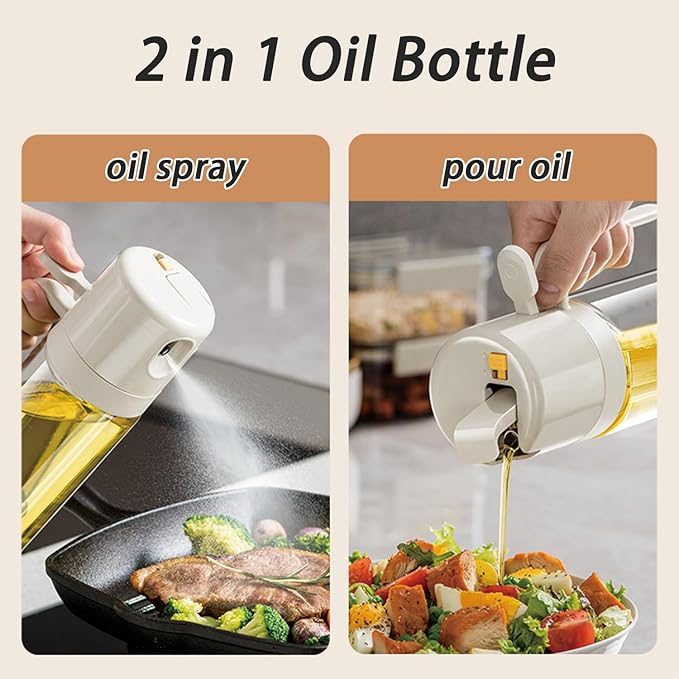 2 in 1 Glass Oil Sprayer and Dispenser for Kitchen, 550ml Olive Oil Bottle, Leakproof Food-Grade Oil Mister & Pourer for Air Fryer, BBQ, Salad, Baking