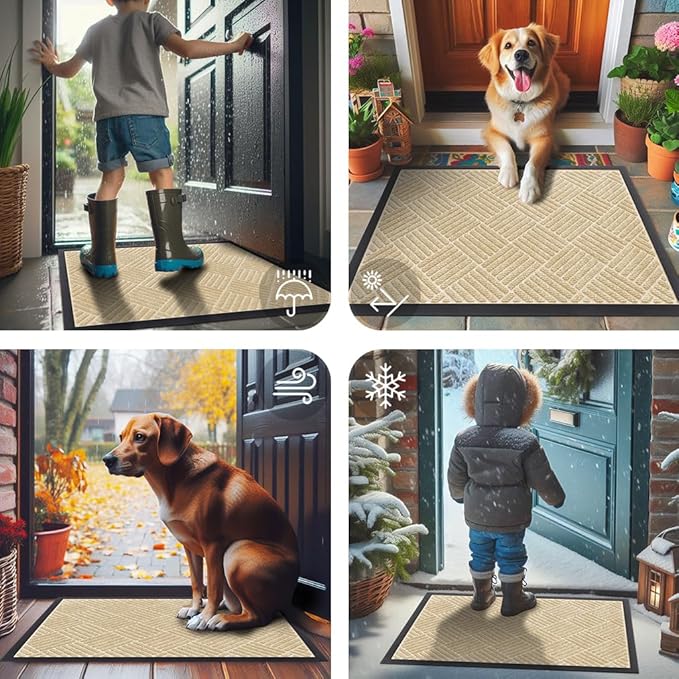 Smiry Front Door Mat Outside Entrance, Heavy Duty Outdoor Indoor Natural Rubber Doormat, Non Slip, Trap Dirt and Moisture, Easy Clean, Low Profile Patio Porch Entryway Mat, 47x23, Beige
