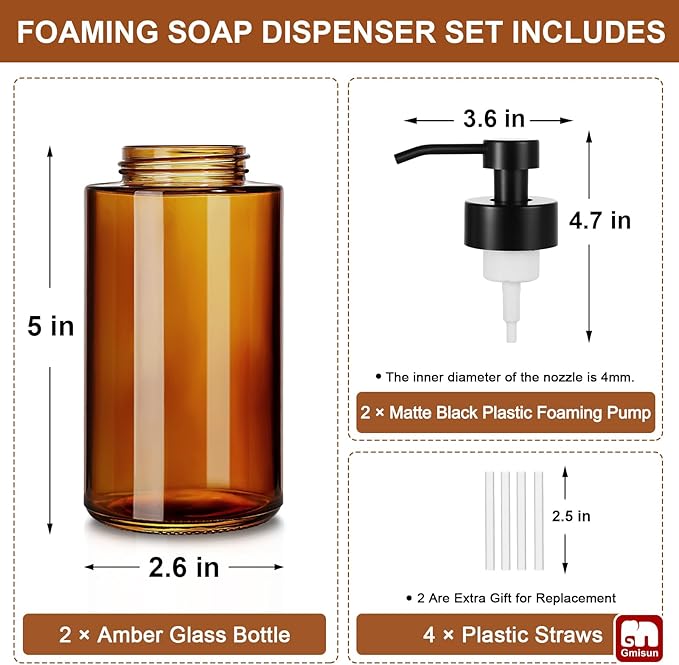 GMISUN Glass Foaming Soap Dispenser, 10 Fl oz / 300ml Amber Glass Soap Dispenser for Bathroom & Kitchen, 2 Pack Modern Refillable Foam Hand Soap Dispensers, Bathroom Hand Soap Dispensers with Labels