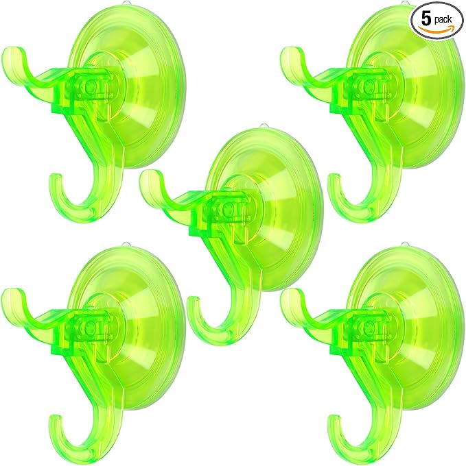 Antimbee Clear Suction Cup Hanger, 5 Pack Removable Small Suction Cups for Shower, Bathroom, Glass, Door, Windows, Kitchen - Up to 11 lbs on Smooth Surface - 2 Hooks Design (Transparent Green)