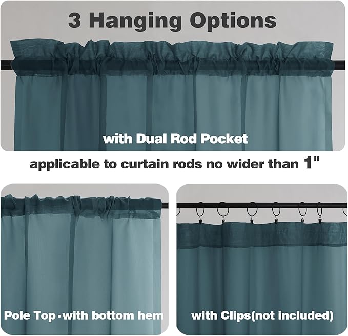 Chyhomenyc Stone Blue Sheer Valances for Windows 2 Pack, 42Wx14L Inches Small Valance for Living Room Bathroom Cafe Laundry Basement, Elegant Haze Blue Voile Valance