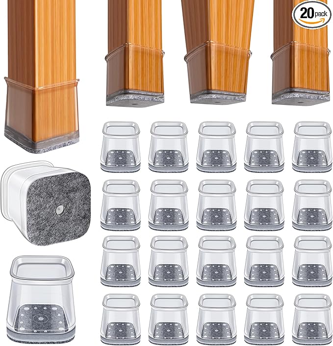 BUMACO Chair Leg Floor Protectors Square Chair Leg Protectors for Hardwood Floors Silicone Pads Covers to Protect Floors Clear-20 Pcs Square L (1-1/16" to 1-5/8")