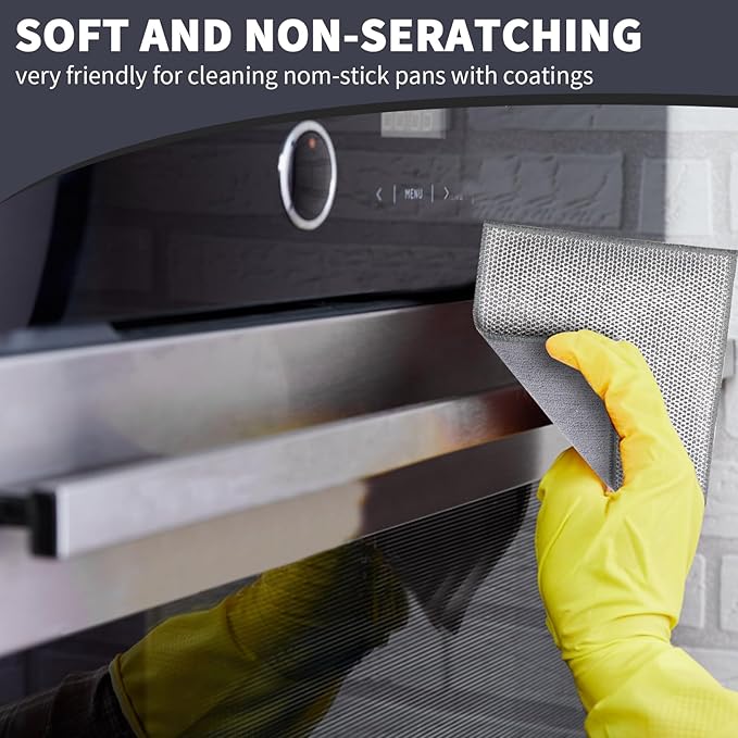 2 in 1 Stainless Steel Scrubber & Microfiber Cleaning Cloth, 5 Pack Towel & Steel Scrub Cloth for Pans, Dishes, Countertops, Reusable Non-Scratch Cleaning Pad for Kitchen Sink