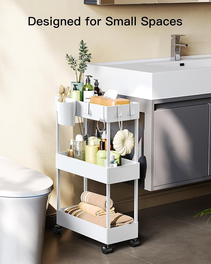 Pipishell Slim Storage Cart with Wheels, Bathroom Cart Organizer Bathroom Storage Small, Rolling Cart for Bathroom, Laundry Room, Kitchen, Narrow Space, White PIUC04W