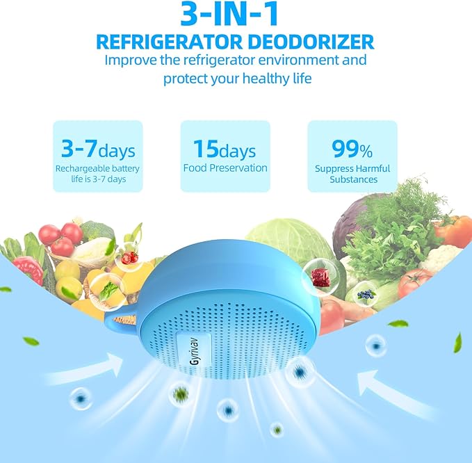Refrigerator Deodorizer, Rechargeable Deodorizer, Fridge Deodorizer, Air Purifier, Suitable for Refrigerator, Car, Wardrobe, Shoe Cabinet, Better Than Baking Soda and Charcoal（Blue）