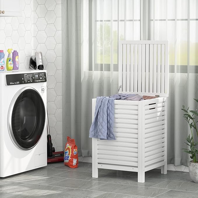 Homykic Bamboo Laundry Hamper with Lid, 120L Large Clothes Laundry Sorter with Removable 2-Section Liner Bag, Raised Laundry Basket Organizer for Clothing, Bathroom, Bedroom, Laundry Room, White