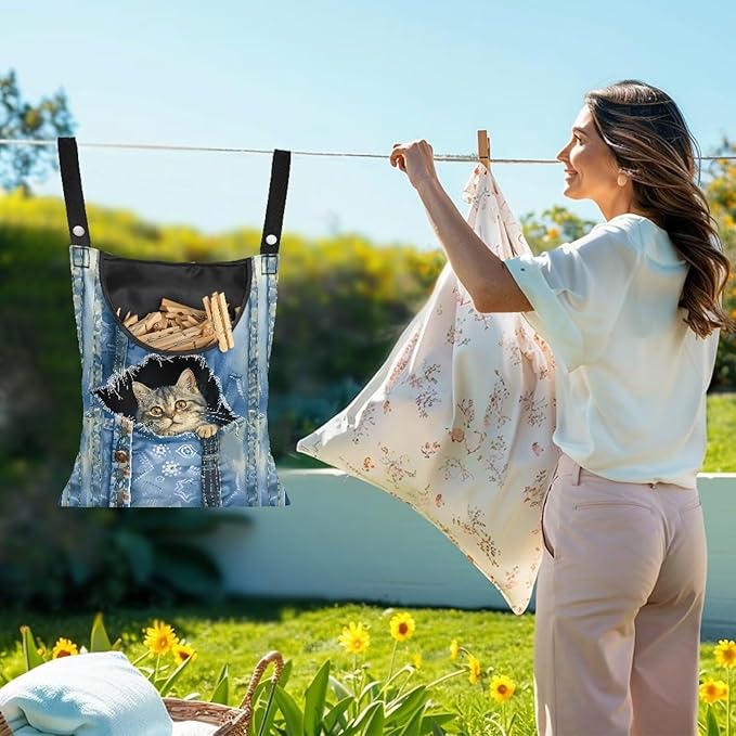 Cat Pin Bag with Hanging Rope, Laundry Hanging Bag, Fits Clothes Lines, Outdoor/Indoor Use